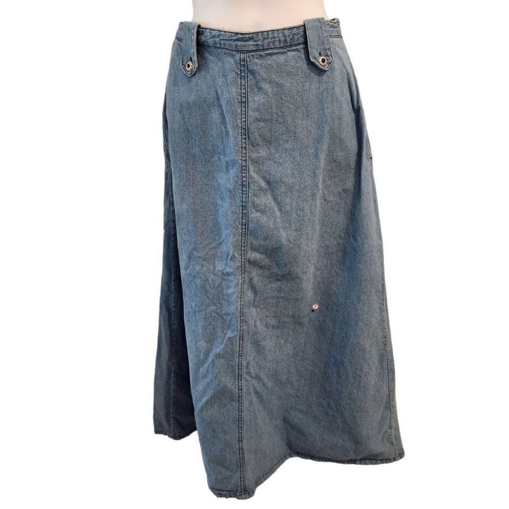 Vintage 90s Blue Demin Maxi Zipper Back Skirt XS Country Casual A-Line